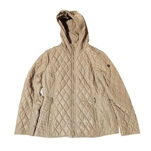 Michael Kors Quilted Puffer Jacket MK Print Lining Full Zip Hooded Down Coat L